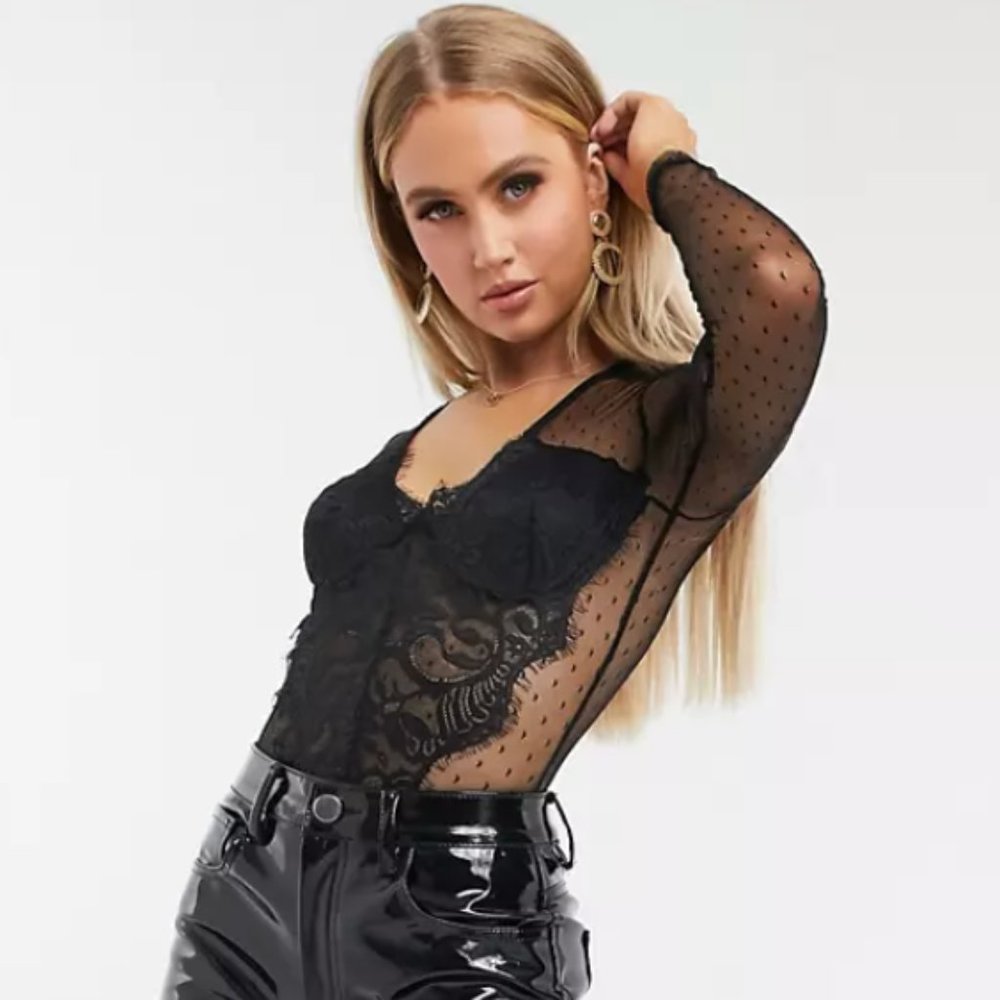 Black Lace Mesh Long Sleeve Bodysuit Body by Parisian